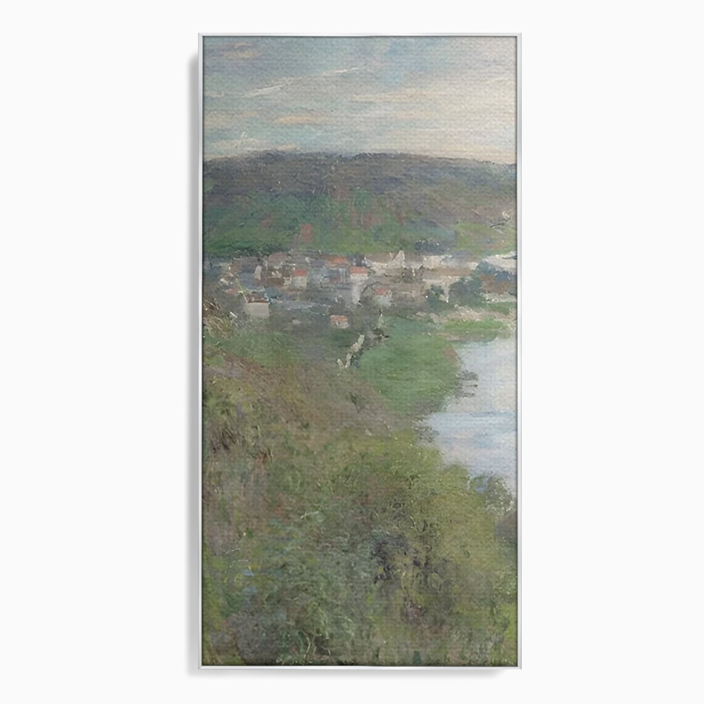 Tablou canvas cu tablou canvas cu peisaj rural si rau, in rama de aluminiu argintiu